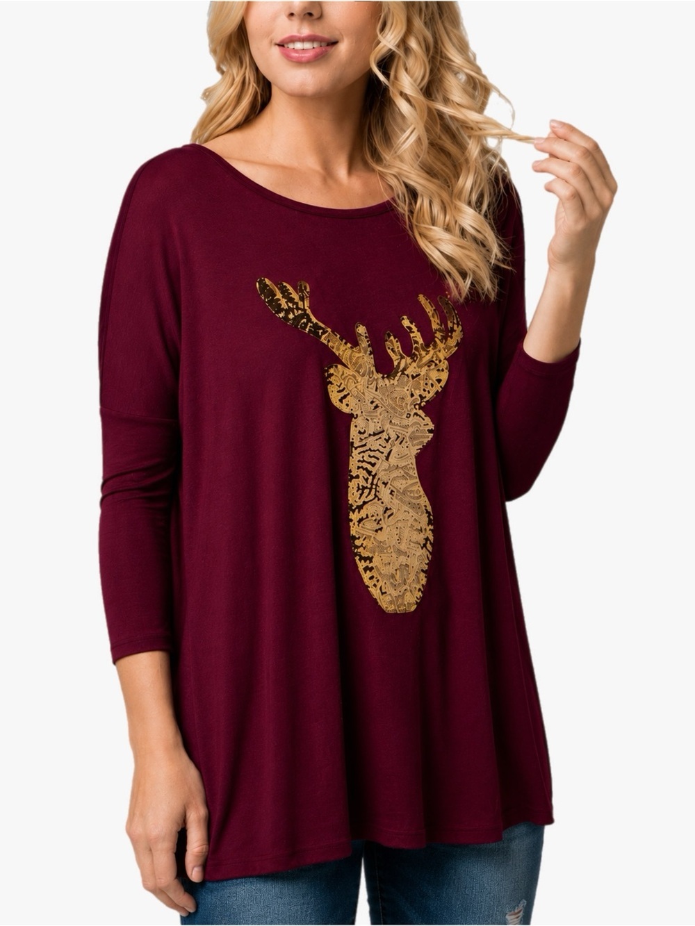 Sequin Reindeer Christmas Women’s Plus Size 2X Tunic Top Burgundy and Gold